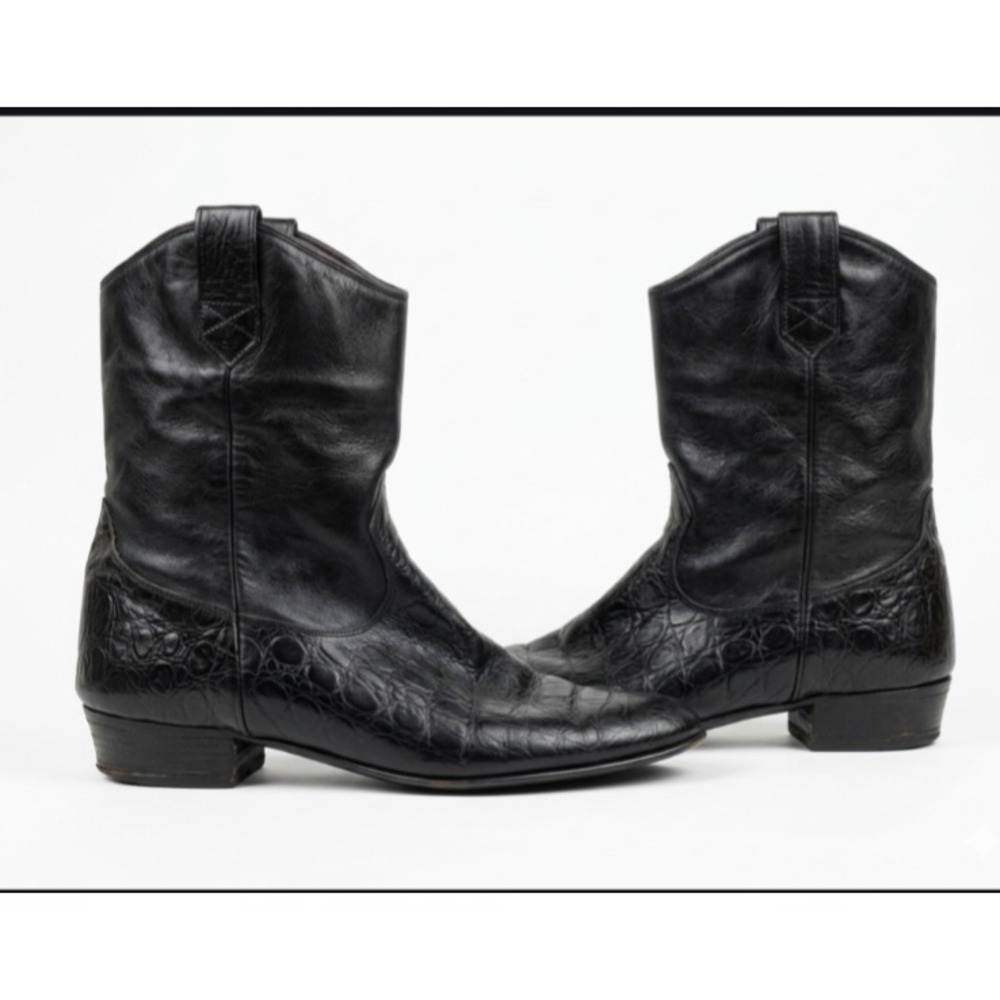 Vintage Leather Croc Heel Boots 10 Western 1970s Rodeo Cowgirl Festival Boho 80s